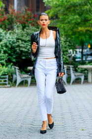 black bag, black jacket, black shoes, chanel, denim pants, high heels, jeans, leather bag, leather jacket, leather shoes, sunglasses, trousers, white denim, white tank top, giorgia fowler, model, fashion week, frenchystyle, FW, jonathan paciullo, street style, NYFW, NEW YORK, SPRING SUMMER 2019, SS 19, vertical, full length