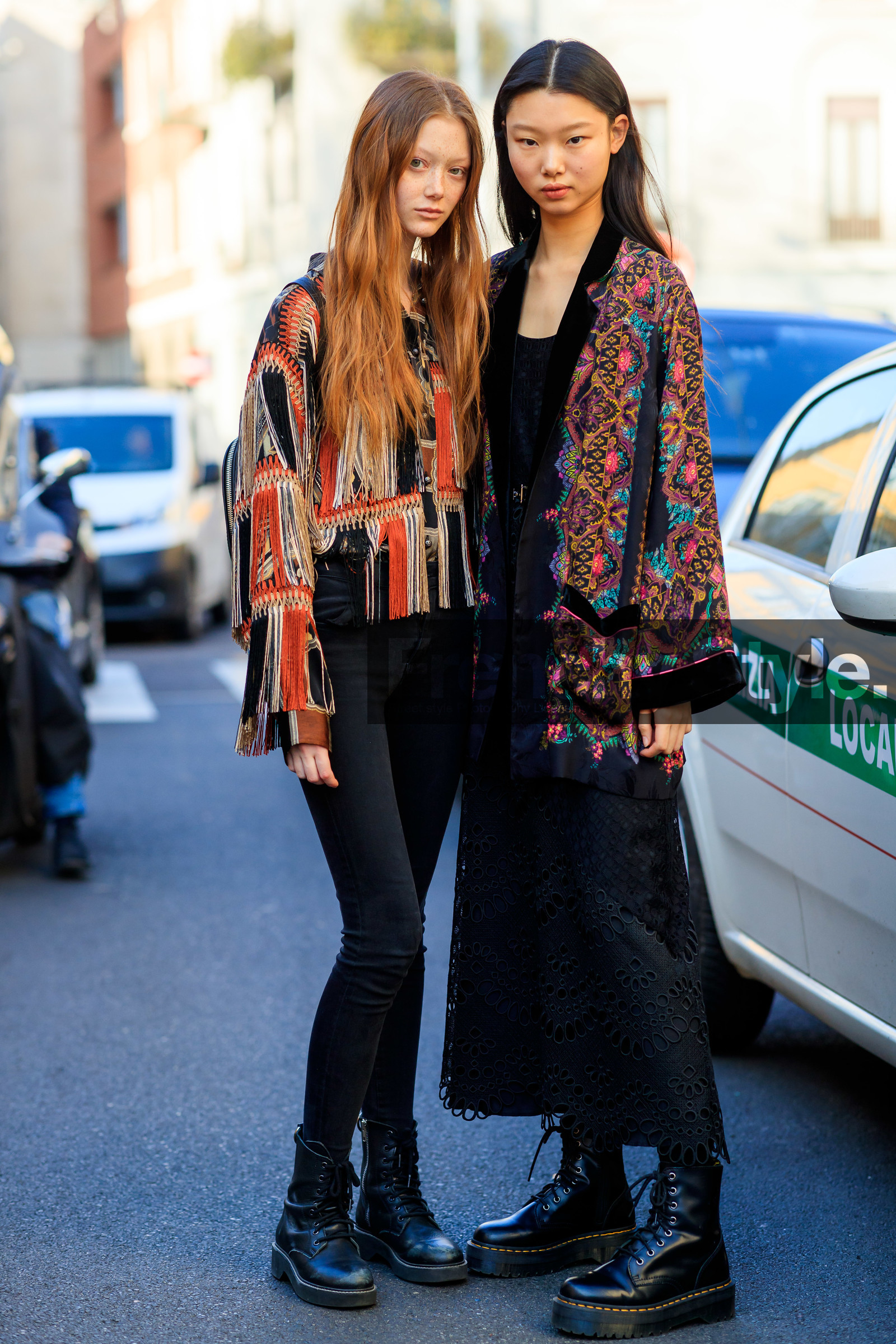 black denim, black dress, black shoes, denim pants, fringes, graphic jacket, jeans, leather shoes, model, printed jacket, trousers, MILAN, MFW, fashion week, frenchystyle, FW, jonathan paciullo, street style, AUTUMN WINTER 2019-2020, AW 19-20, FALL WINTER 2019-2020, FW 19-20, vertical, full length