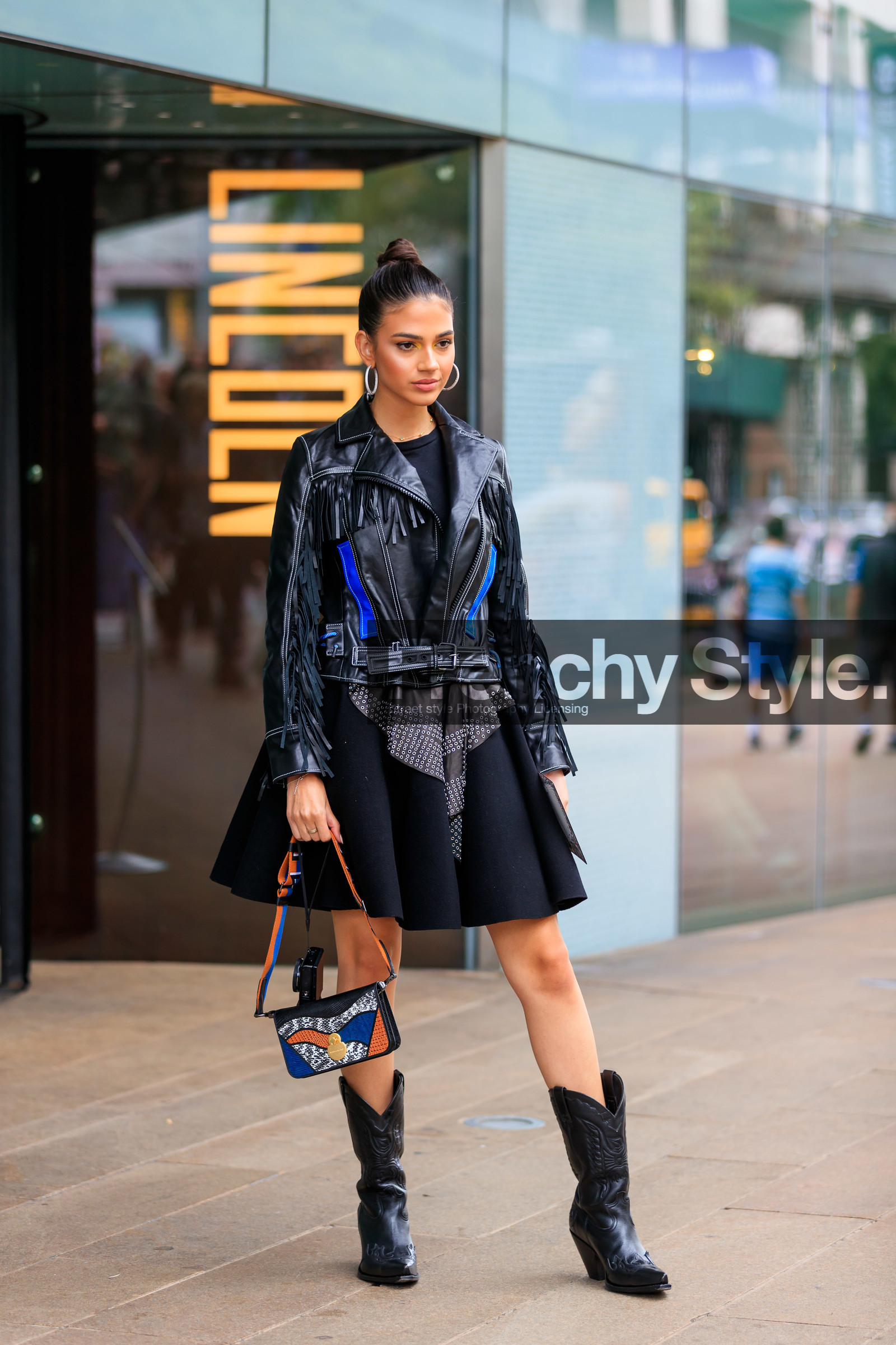 black dress, black jacket, black perfecto, black shoes, cowboy boots, graphic bag, high boots, high heels, leather bag, leather jacket, leather perfecto, leather shoes, multicolor bag, printed bag, street style, jonathan paciullo, FW, frenchystyle, fashion week, NEW YORK, NYFW, SPRING SUMMER 2020, SS 20, vertical, full length