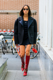 guerrain, black jacket, oversize jacket, technical fabric jacket, nike dress, black dress, tight dress, mini dress, fendi sunglasses, futurist shape sunglasses, black sunglasses, red leather boots, polish boots, high boots, fendi boots, fashion week, frenchystyle, FW, jonathan paciullo, street style, MFW, MILAN, SPRING SUMMER 2020, SS 20