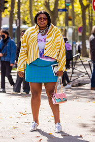 blue skirt, chanel bag, check, Gabriella Karefa-Johnson, jacket, miu miu mules, miu miu sandals, multicolor, necklace, oversize sunglasses, pink bag, pink t-shirt, print, printed jacket, printed t-shirt, quilted bag, short skirt, silver mules, silver necklace, silver sandals, skirt, sunglasses, t-shirt, yellow jacket, zebra, fashion week, frenchystyle, FW, jonathan paciullo, street style, PFW, PARIS, SPRING SUMMER 2022, SS 22, vertical, full length