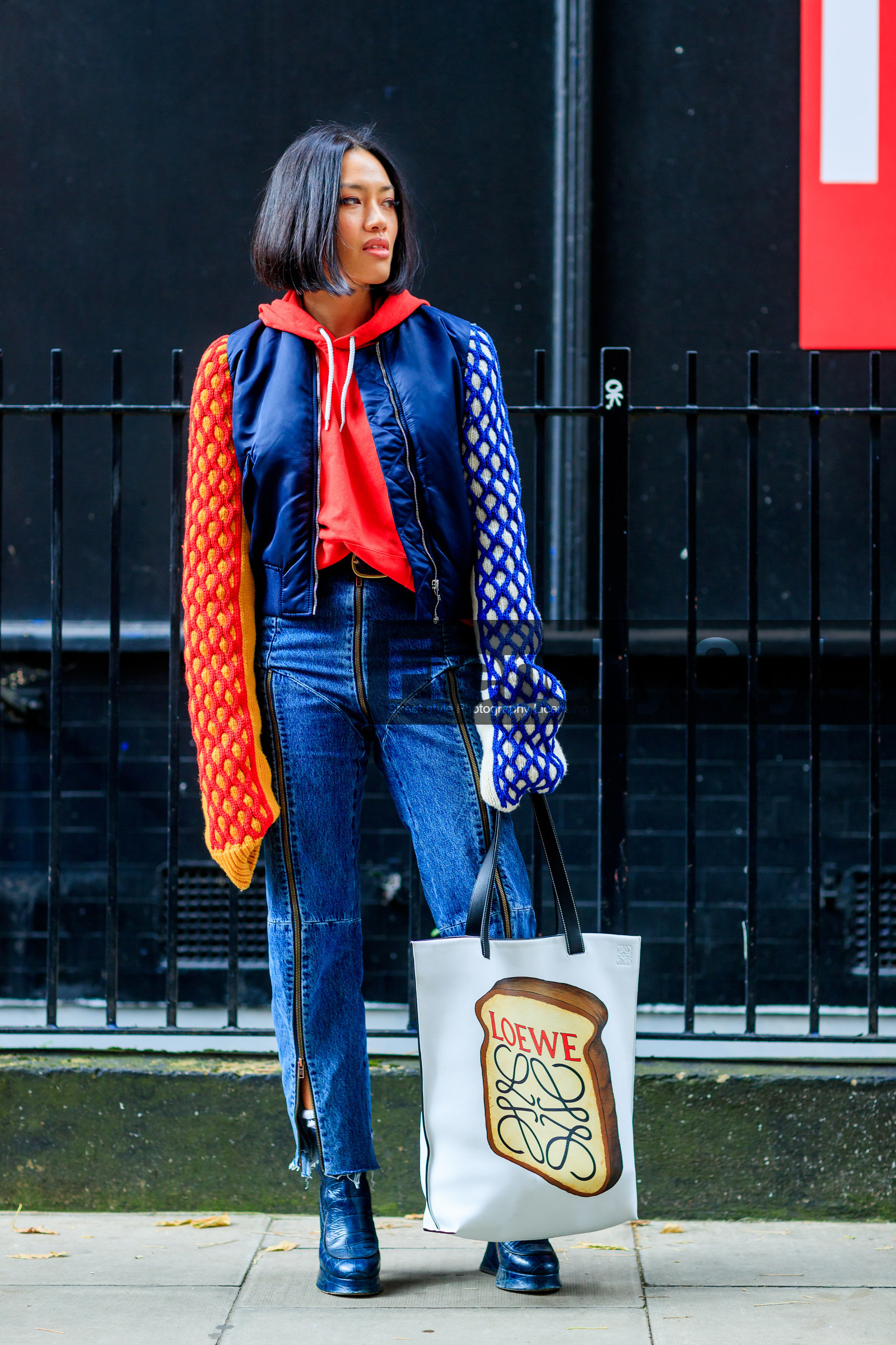 black shoes, blue denim, blue jacket, bomber jacket, denim pants, fashion week, frenchystyle, full length, FW, graphic jacket, high heels, hoodie, jeans, jonathan paciullo, leather bag, leather shoes, LFW, loewe, LONDON, plaid, printed bag, printed jacket, red sweater, SPRING SUMMER 2018, SS 18, street style, Tiffany Hsu, trousers, vertical, white bag, zip