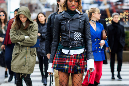 atmosphere details, AUTUMN WINTER 2016-2017, AW 16-17, black jacket, black perfecto, checked skirt, detail, fashion week, fishnet, frenchystyle, FW, FW 16-17, grunge, horizontal, jonathan paciullo, leather jacket, leather perfecto, mini skirt, NEW YORK, NYFW, plaid, red skirt, street style, striped skirt, tartan, white shirt, woman