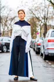 AUTUMN WINTER 2017-2018, AW 17-18, black ballerinas, black shoes, black top, earrings, FALL WINTER 2017-2018, fashion week, frenchystyle, full length, FW, FW 17-18, jonathan paciullo, leather shoes, navy pants, off the shoulder, open back, PARIS, PFW, pleated pants, printed shirt, street style, striped shirt, sylvia haghjoo, trousers, vertical, white shirt, wide pants