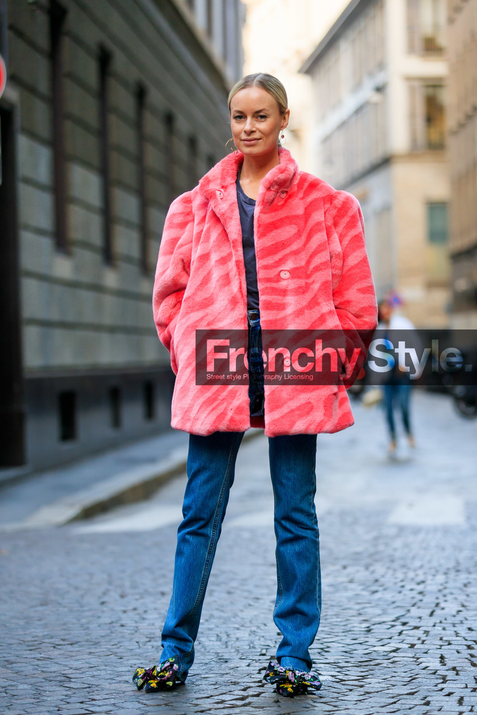 blue denim, denim pants, floral, flowers, fur jacket, graphic jacket, jeans, leather shoes, pink fur, pink jacket, printed jacket, printed shoes, stripes, thora valdimars, trousers, MILAN, MFW, fashion week, frenchystyle, FW, jonathan paciullo, street style, AUTUMN WINTER 2019-2020, AW 19-20, FALL WINTER 2019-2020, FW 19-20, vertical, full length