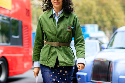 atmosphere details, blue denim, caroline issa, denim skirt, detail, embroidered skirt, fashion week, frenchystyle, FW, green belt, green jacket, horizontal, jonathan paciullo, leather belt, leather shoes, LFW, LONDON, pins, SPRING SUMMER 2017, SS 17, street style, woman