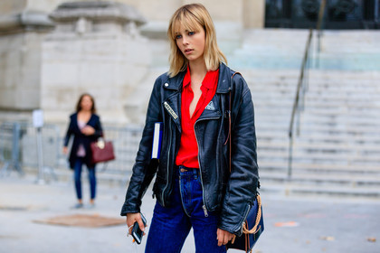 atmosphere details, black bag, black jacket, black perfecto, blue denim, denim pants, detail, edie campbell, fashion week, frenchystyle, FW, horizontal, jeans, jonathan paciullo, leather bag, leather jacket, leather perfecto, PARIS, PFW, red shirt, SPRING SUMMER 2017, SS 17, street style, trousers