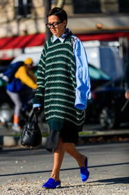 black bag, blue shirt, blue shoes, graphic dress, graphic sweater, green sweater, leather bag, leather shoes, maison martin margiela, printed dress, striped sweater, sunglasses, PARIS, PFW, street style, jonathan paciullo, FW, frenchystyle, fashion week, AUTUMN WINTER 2019-2020, AW 19-20, FALL WINTER 2019-2020, FW 19-20, vertical, full length