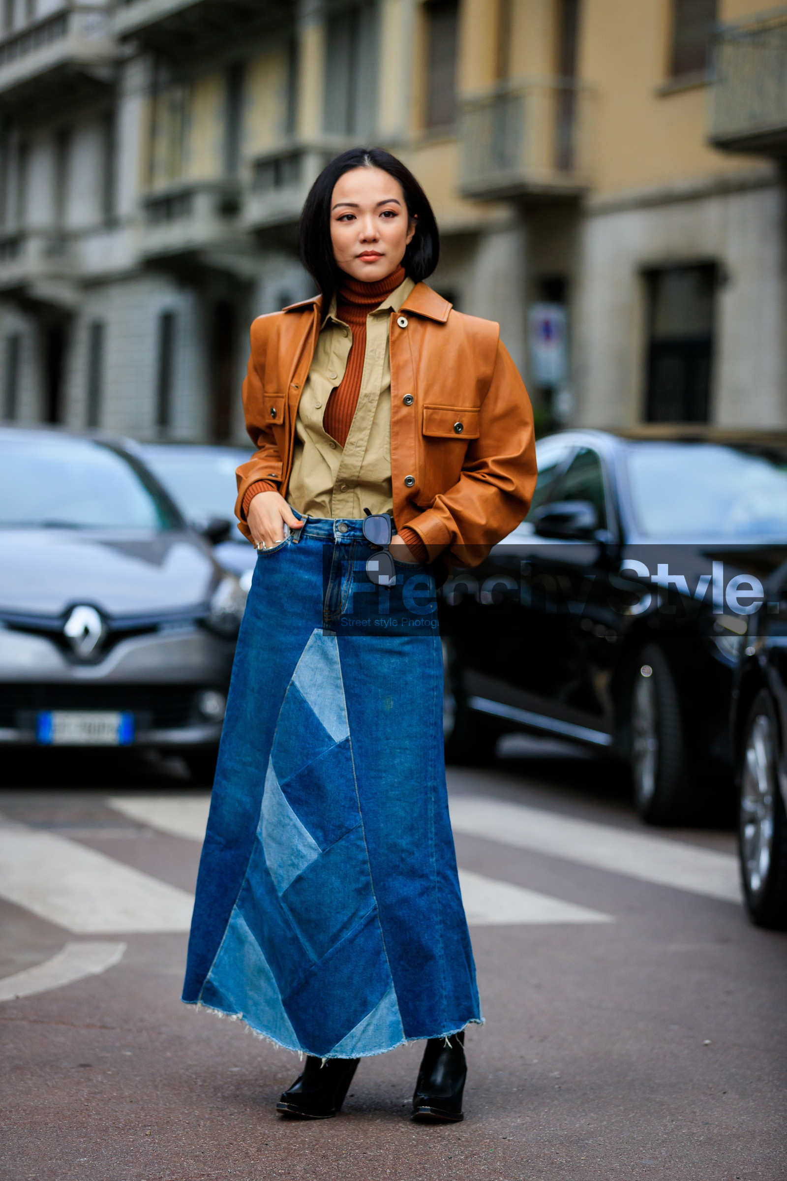 beige shirt, black shoes, blue denim, brown sweater, camel jacket, denim skirt, graphic skirt, leather jacket, leather shoes, printed skirt, yoyo cao, MILAN, MFW, fashion week, frenchystyle, FW, jonathan paciullo, street style, AUTUMN WINTER 2019-2020, AW 19-20, FALL WINTER 2019-2020, FW 19-20, vertical, full length