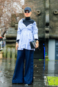 AUTUMN WINTER 2017-2018, AW 17-18, balenciaga, black bag, black cap, black turtleneck, blue pants, blue shirt, FALL WINTER 2017-2018, fashion week, frenchystyle, full length, FW, FW 17-18, graphic bag, jonathan paciullo, leather bag, louis vuitton, PARIS, PFW, printed bag, printed shirt, street style, striped shirt, sunglasses, trousers, vertical