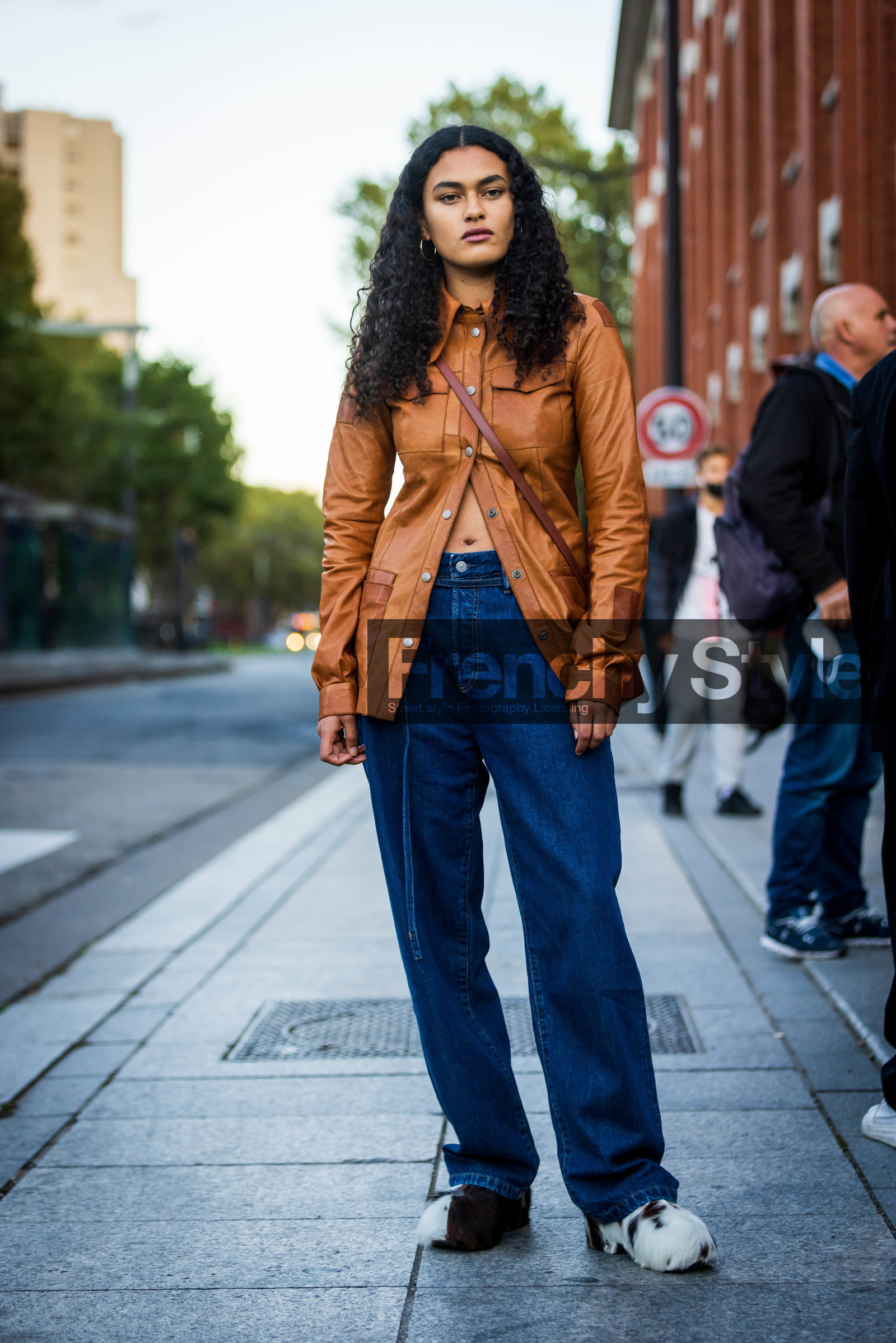 animal print, bicolor shoes, blue denim, blue jean, camel shirt, clog, cow print, curly hair, denim, hairstyle, jean, leather shirt, printed shoes, sabots, shirt, street style, jonathan paciullo, FW, frenchystyle, fashion week, PFW, PARIS, SPRING SUMMER 2022, SS 22, vertical, full length