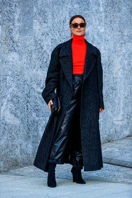 black bag, black coat, black pants, black shoes, bulgari, earrings, high heels, leather bag, leather pants, leather shoes, lena lademann, red sweater, sunglasses, trousers, fashion week, frenchystyle, FW, jonathan paciullo, street style, MFW, MILAN, AUTUMN WINTER 2019-2020, AW 19-20, FALL WINTER 2019-2020, FW 19-20, vertical, full length