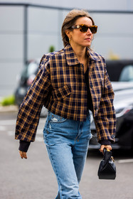 bag, black bag, blue denim, blue jean, brown jacket, check, checked jacket, denim, jacket, jean, leather bag, navy jacket, print, rectangle sunglasses, small bag, sunglasses, tortoise sunglasses, PARIS, PFW, fashion week, frenchystyle, FW, jonathan paciullo, street style, SPRING SUMMER 2022, SS 22, vertical, atmosphere details