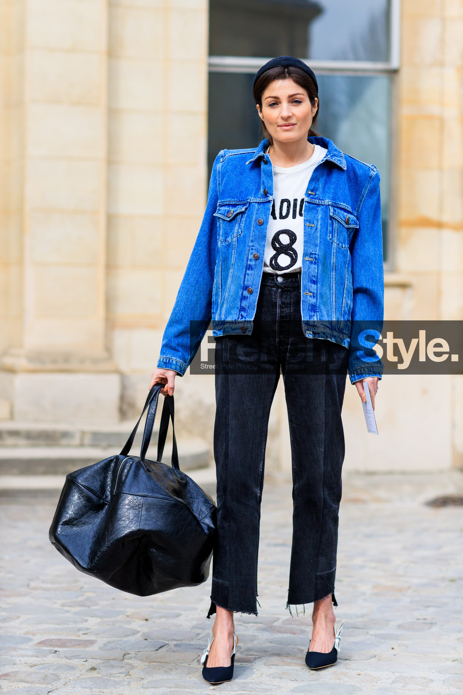 AUTUMN WINTER 2017-2018, AW 17-18, balenciaga, black bag, black denim, black shoes, blue denim, christian dior, denim jacket, denim pants, FALL WINTER 2017-2018, fashion week, frenchystyle, full length, FW, FW 17-18, jeans, jonathan paciullo, leather bag, leather shoes, PARIS, PFW, printed t shirt, street style, trousers, vertical, white t shirt