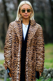 animal print, black bag, black dress, brown jacket, down jacket, earrings, graphic jacket, leather bag, leopard, necklace, printed jacket, sunglasses, vanessa hong, white t shirt, MILAN, MFW, fashion week, frenchystyle, FW, jonathan paciullo, street style, AUTUMN WINTER 2019-2020, AW 19-20, FALL WINTER 2019-2020, FW 19-20, vertical, atmosphere details, detail