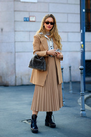 beige jacket, beige skirt, black shoes, blazer, fur bag, grey bag, leather shoes, louis vuitton, monogram, pleated skirt, polka dot, printed shirt, sunglasses, white shirt, MILAN, MFW, fashion week, frenchystyle, FW, jonathan paciullo, street style, AUTUMN WINTER 2019-2020, AW 19-20, FALL WINTER 2019-2020, FW 19-20, vertical, full length