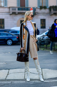 beige shorts, brown bag, graphic jacket, high boots, high heels, leather bag, leather coat, leather shoes, leonie hanne, printed jacket, stripes, sunglasses, tods, turtleneck sweater, white shoes, white sweater, MILAN, MFW, fashion week, frenchystyle, FW, jonathan paciullo, street style, AUTUMN WINTER 2019-2020, AW 19-20, FALL WINTER 2019-2020, FW 19-20, vertical, full length