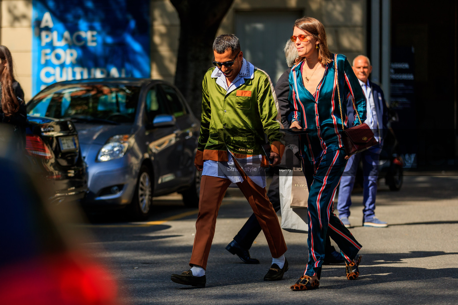 animal print, atmosphere details, blue shirt, brown bag, brown shoes, camel pants, fashion week, frenchystyle, full length, FW, graphic shirt, green shirt, gucci, horizontal, jonathan paciullo, leather bag, leather shoes, leopard print, MFW, MILAN, pajamas, printed shirt, SPRING SUMMER 2018, SS 18, street style, striped shirt, sunglasses, trousers