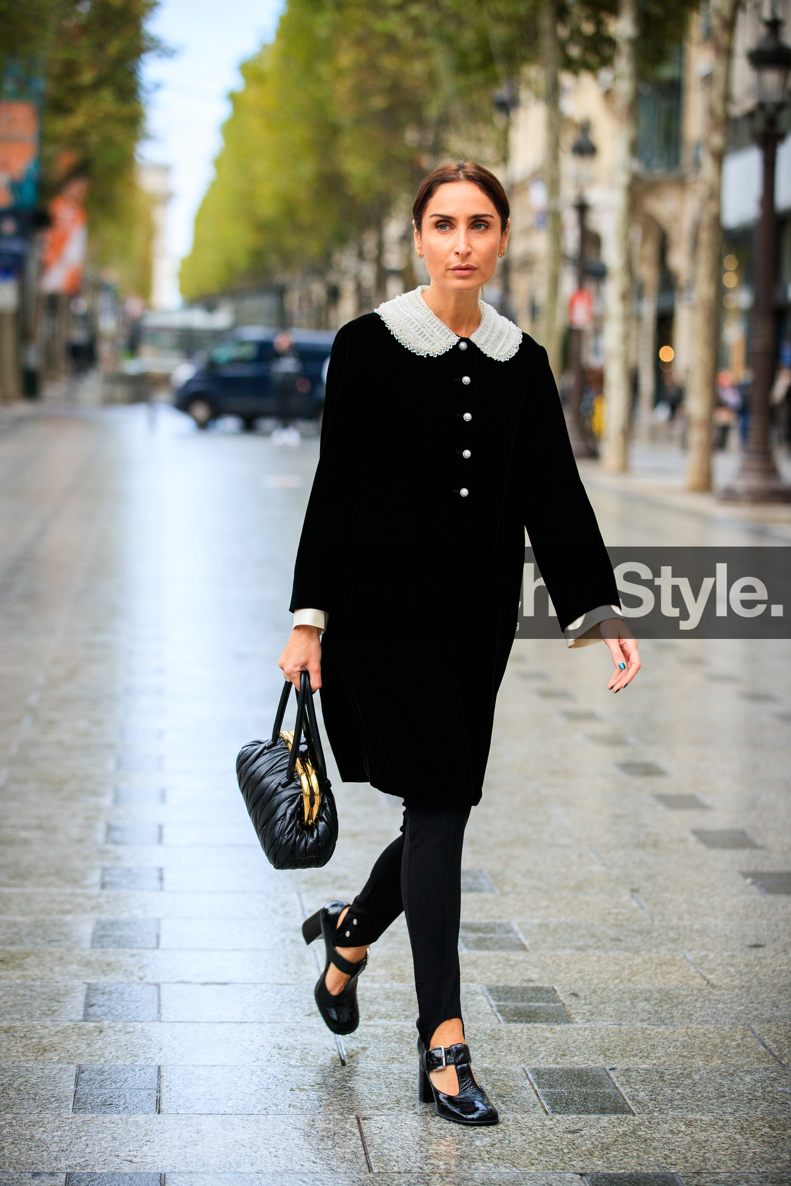 geraldine boublil, black dress, black jacket, black legging, black leather bag, black polish shoes, velvet dress, velvet jacket, collar details, button dress, button jacket, jacket dress, hand bag, polish shoes, miu miu bag, miu miu dress, miu miu jacket, miu miu shoes, miu miu look, PARIS, PFW, fashion week, frenchystyle, FW, jonathan paciullo, street style, SPRING SUMMER 2021, SS 21, vertical, full length