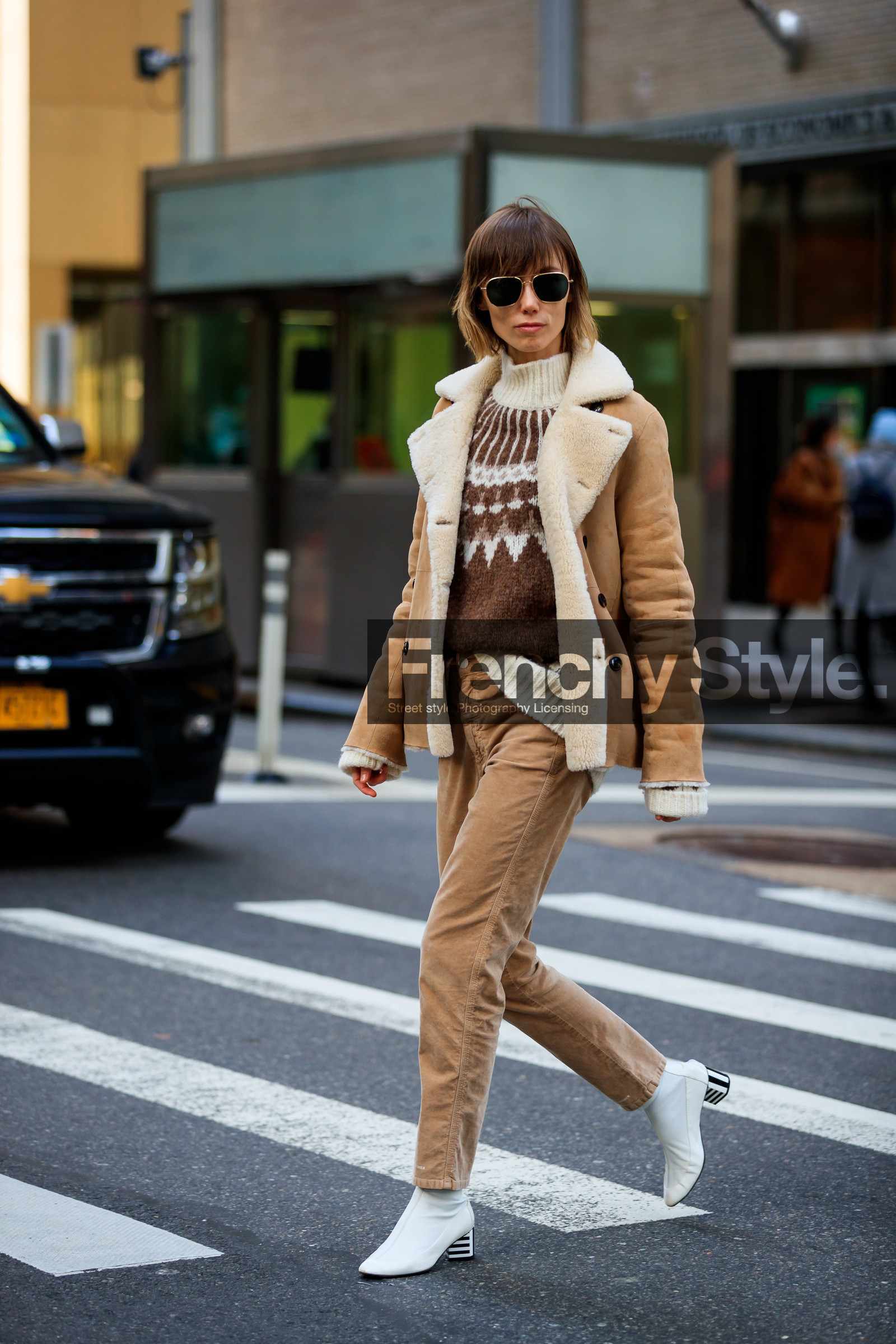 anya ziourova, camel suede coat, white coat, fur coat, beige suede coat, beige pants, velvet pants, brown pullover, jacquard pullover, white leather boots, turtleneck pullover, aviator sunglasses, metalic frame sunglasses, fashion week, frenchystyle, FW, jonathan paciullo, street style, NYFW, NEW YORK, AUTUMN WINTER 2020-2021, FALL WINTER 2020-2021, FW 20-21, vertical, full length