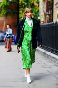 black denim, black jacket, denim jacket, floral, flowers, graphic dress, green dress, leather shoes, printed dress, white boots, white sweater, fashion week, frenchystyle, FW, jonathan paciullo, street style, LFW, LONDON, SPRING SUMMER 2019, SS 19, vertical, full length