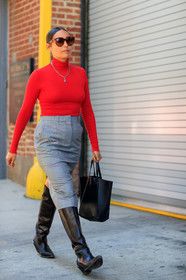 black bag, black boots, fashion week, frenchystyle, full length, FW, grey skirt, high boots, jonathan paciullo, leather bag, NEW YORK, NYFW, rachael wang, red sweater, SPRING SUMMER 2018, SS 18, street style, sunglasses, vertical