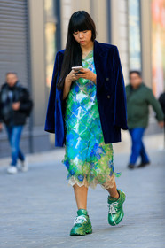 blazer, embroideries, glitter, graphic dress, green dress, green sneakers, leather shoes, navy jacket, over the shoulder, printed dress, sequined dress, shiny dress, susie lau, velvet, PARIS, PFW, street style, jonathan paciullo, FW, frenchystyle, fashion week, AUTUMN WINTER 2019-2020, AW 19-20, FALL WINTER 2019-2020, FW 19-20, vertical, full length