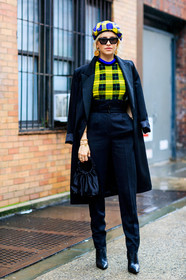 black bag, black coat, black pants, black shoes, caro daur, checked, earrings, graphic sweater, high waist, leather bag, leather shoes, over the shoulder, plaid, printed hat, printed sweater, sunglasses, tartan, trousers, yellow hat, yellow sweater, street style, jonathan paciullo, FW, frenchystyle, fashion week, NYFW, NEW YORK, SPRING SUMMER 2019, SS 19, vertical, full length