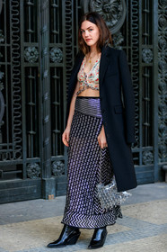 beige top, black coat, black shoes, black skirt, crop top, glitter, graphic skirt, harness, leather shoes, madelynn furlong, paco rabanne, printed skirt, printed top, sequined skirt, shiny skirt, transparent bag, PARIS, PFW, street style, jonathan paciullo, FW, frenchystyle, fashion week, AUTUMN WINTER 2019-2020, AW 19-20, FALL WINTER 2019-2020, FW 19-20, vertical, full length