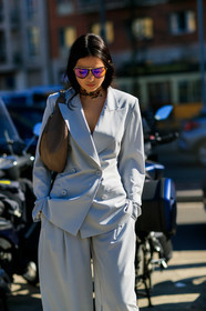 beige bag, blazer, doina ciobanu, fanny pack, grey jacket, grey pants, grey suit, leather bag, sunglasses, trousers, MILAN, MFW, fashion week, frenchystyle, FW, jonathan paciullo, street style, AUTUMN WINTER 2019-2020, AW 19-20, FALL WINTER 2019-2020, FW 19-20, vertical, atmosphere details, detail