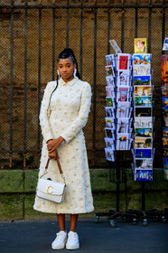 adidas, braids, candace marie, chloé, earrings, embroideries, leather bag, leather shoes, pearls, white bag, white dress, white shoes, PARIS, PFW, street style, jonathan paciullo, FW, frenchystyle, fashion week, AUTUMN WINTER 2019-2020, AW 19-20, FALL WINTER 2019-2020, FW 19-20, vertical, full length