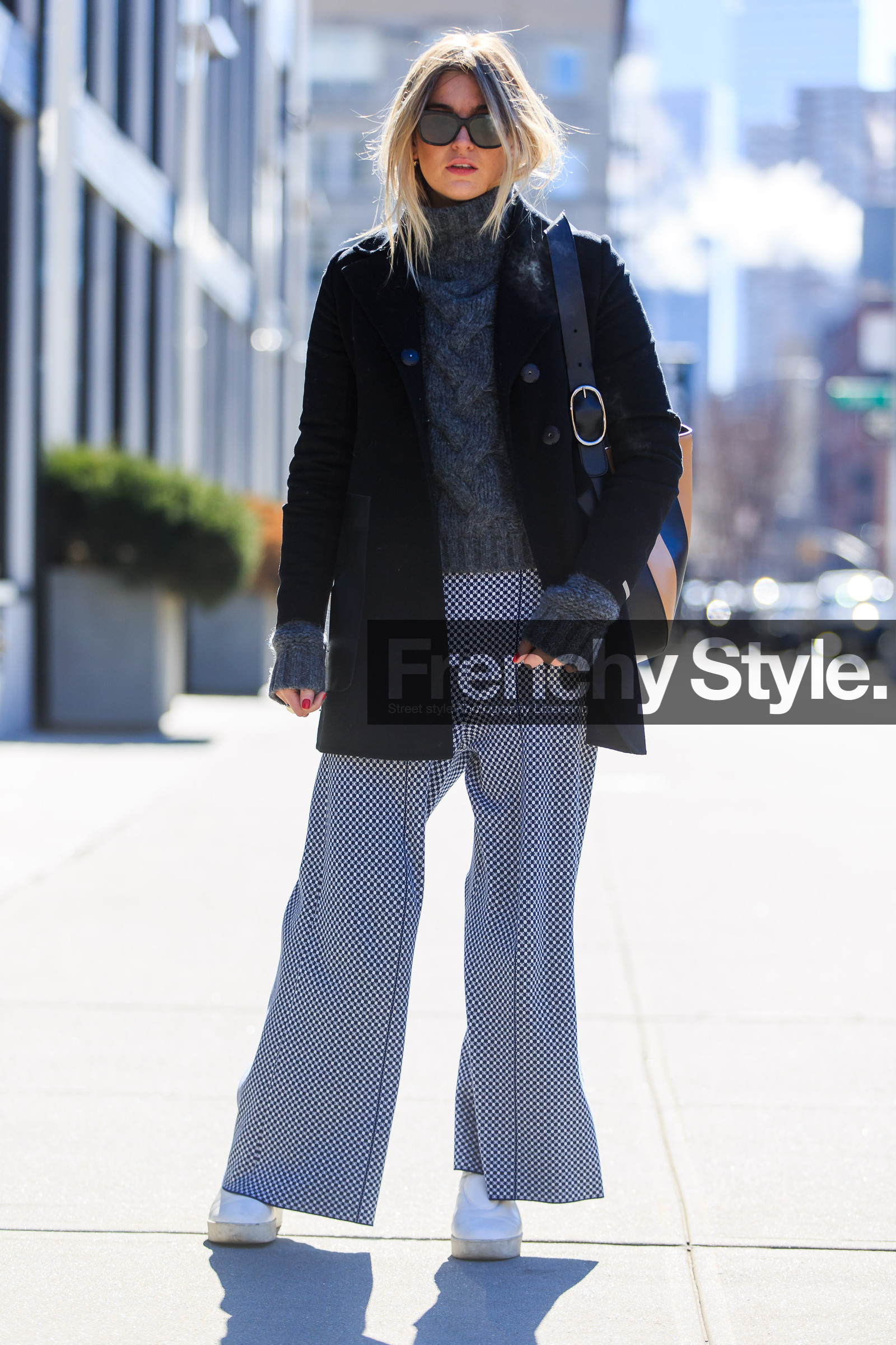 AUTUMN WINTER 2016-2017, AW 16-17, beige bag, black bag, black coat, black jacket, blue pants, camel bag, camille charriere, embroidered pants, fashion week, frenchystyle, full length, FW, FW 16-17, grey knit, grey sweater, jonathan paciullo, leather bag, leather shoes, leather sli, leather sneakers, NEW YORK, NYFW, printed pants, street style, striped bag, sunglasses, vertical, white slippers, wide pants, woman