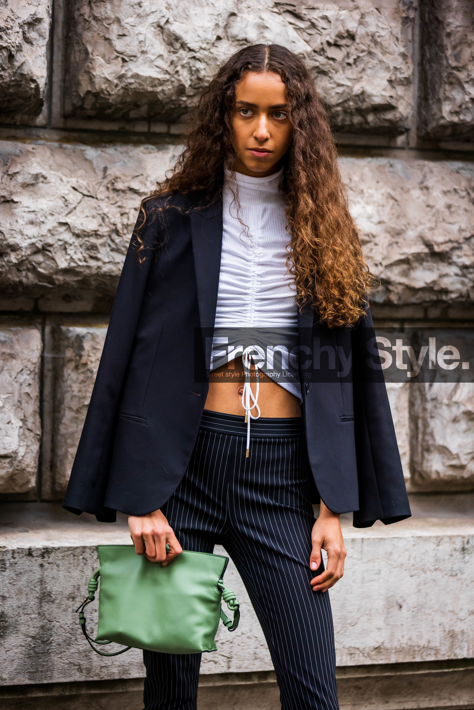 bag, black and white, black blazer, black pants, blazer, boots, green bag, green pouch, loewe bag, pants, pouch, striped pants, stripes, top, white top, street style, jonathan paciullo, FW, frenchystyle, fashion week, PFW, PARIS, SPRING SUMMER 2022, SS 22, vertical, atmosphere details, model