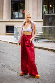 bag, bra, Elena Perminova, large pants, leather bag, miu miu bag, oversize pants, pants, quilted pants, red pants, ribbed bra, white bag, white bra, pink knitwear, necklace, earrings, bun, fashion week, frenchystyle, FW, jonathan paciullo, street style, PFW, PARIS, SPRING SUMMER 2022, SS 22, vertical, full length