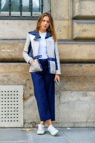 beige jacket, blue pants, fashion week, frenchystyle, full length, FW, jonathan paciullo, leather jacket, leather shoes, leather sneakers, PARIS, PFW, printed jacket, SPRING SUMMER 2017, SS 17, street style, trousers, vertical, white knit, white sneakers, white sweater, white t shirt