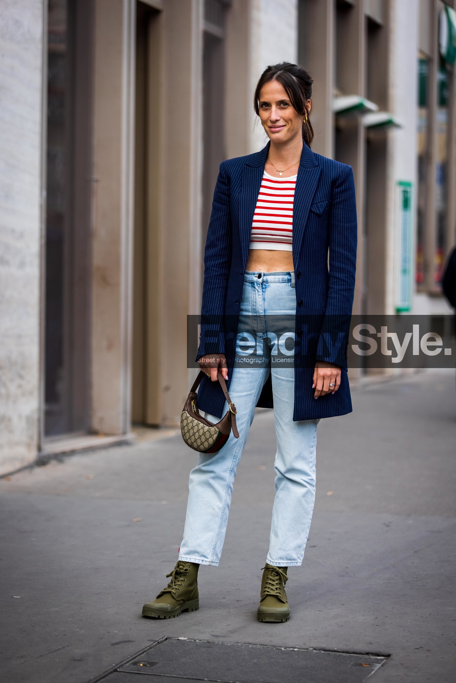 Astrid Boutrot, bag, boots, brown bag, crop top, croppted top, denim, gucci bag, jacket, jean, khaki boots, light blue denim, light blue jean, logo print, long jacket, mariniere, navy jacket, print, printed bag, red top, small bag, straigh jeans, straigh pants, stripes, stripes jacket, white crop top, fashion week, frenchystyle, FW, jonathan paciullo, street style, PFW, PARIS, SPRING SUMMER 2022, SS 22, vertical, full length