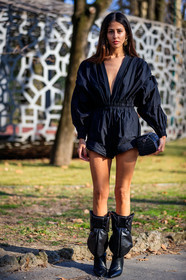 black bag, black romper, black shoes, earrings, high heels, leather bag, leather shoes, tone on tone, total look black, gilda ambrosio, MILAN, MFW, fashion week, frenchystyle, FW, jonathan paciullo, street style, AUTUMN WINTER 2019-2020, AW 19-20, FALL WINTER 2019-2020, FW 19-20, vertical, full length