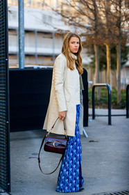 animal print, blue denim, brown bag, chloé, denim pants, graphic pants, jeans, leather bag, monica ainley, printed pants, trousers, white coat, wide pants, PARIS, PFW, street style, jonathan paciullo, FW, frenchystyle, fashion week, AUTUMN WINTER 2019-2020, AW 19-20, FALL WINTER 2019-2020, FW 19-20, vertical, full length
