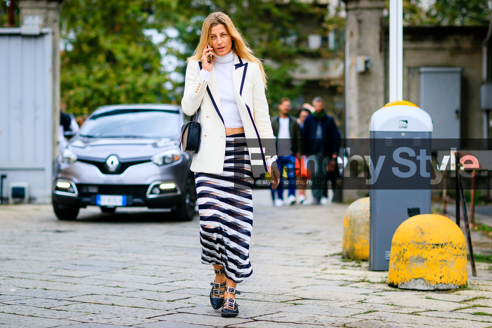 ada kokosar, atmosphere details, ballerinas, black and white, black bag, black shoes, blazer, fashion week, frenchystyle, full length, FW, geometric, graphic skirt, horizontal, jonathan paciullo, leather bag, leather shoes, MFW, MILAN, printed skirt, SPRING SUMMER 2017, SS 17, street style, striped skirt, stripes, turtleneck sweater, white jacket, white sweater