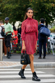 jessica kahawaty, red dress, velvet dress, high collar dress, long sleeves dress, mini dress, prada bag, prada shoes, prada boots, black leather bag, black leather boots, laced boots, hand bag, hoop earrings, golden earrings, fashion week, frenchystyle, FW, jonathan paciullo, street style, MFW, MILAN, SPRING SUMMER 2020, SS 20