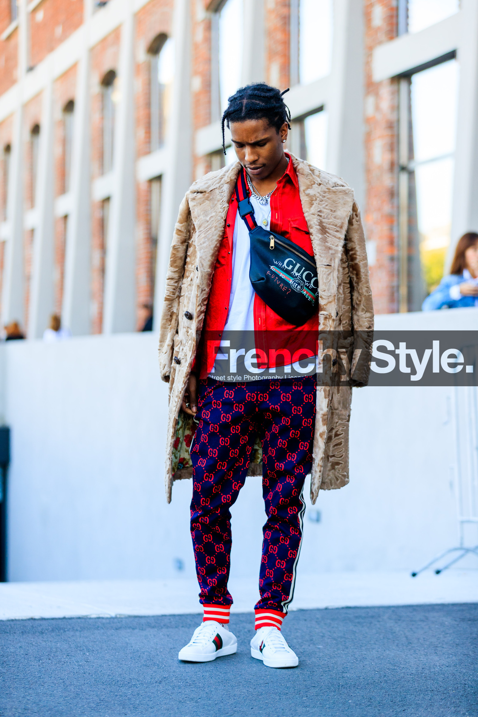 asap rocky, black bag, blue pants, brown fur, fanny pack, fashion week, frenchystyle, full length, fur jacket, FW, graphic bag, graphic pants, gucci, jonathan paciullo, leather bag, leather shoes, MFW, MILAN, printed bag, printed pants, red jacket, SPRING SUMMER 2018, SS 18, street style, trousers, vertical, white sneakers, white t shirt
