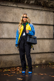 bag, black bag, black pants, black sunglasses, blue jacket, blue shoes, cap, color, Emili Sindlev, hermes bag, jacket, lacoste jacket, lacoste look, leather bag, pants, sunglasses, yellow jacket, lacoste, fashion week, frenchystyle, FW, jonathan paciullo, street style, PFW, PARIS, SPRING SUMMER 2022, SS 22, vertical, full length