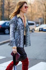 animal print, brown skirt, ece sukan, fringes, graphic jacket, grey jacket, high boots, leather jacket, leather shoes, leather skirt, printed jacket, red boots, snake print, suede shoes, sunglasses, trousers, MILAN, MFW, fashion week, frenchystyle, FW, jonathan paciullo, street style, AUTUMN WINTER 2019-2020, AW 19-20, FALL WINTER 2019-2020, FW 19-20, vertical, atmosphere details, detail