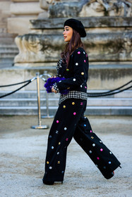 black beret; strass earrings; bkack jacket; short jacket; chanel jacket; multicolot jacket; multicolor pants; black trousers; chanel pants; multicolor studs pants; twee jacket; chanel jacket; mini bag; chanel mini bag; chanel belt; logo belt; chanel silver bet; blue handabag; chanel bag; furry bag; fluffy bafg; rings; close up; black heels