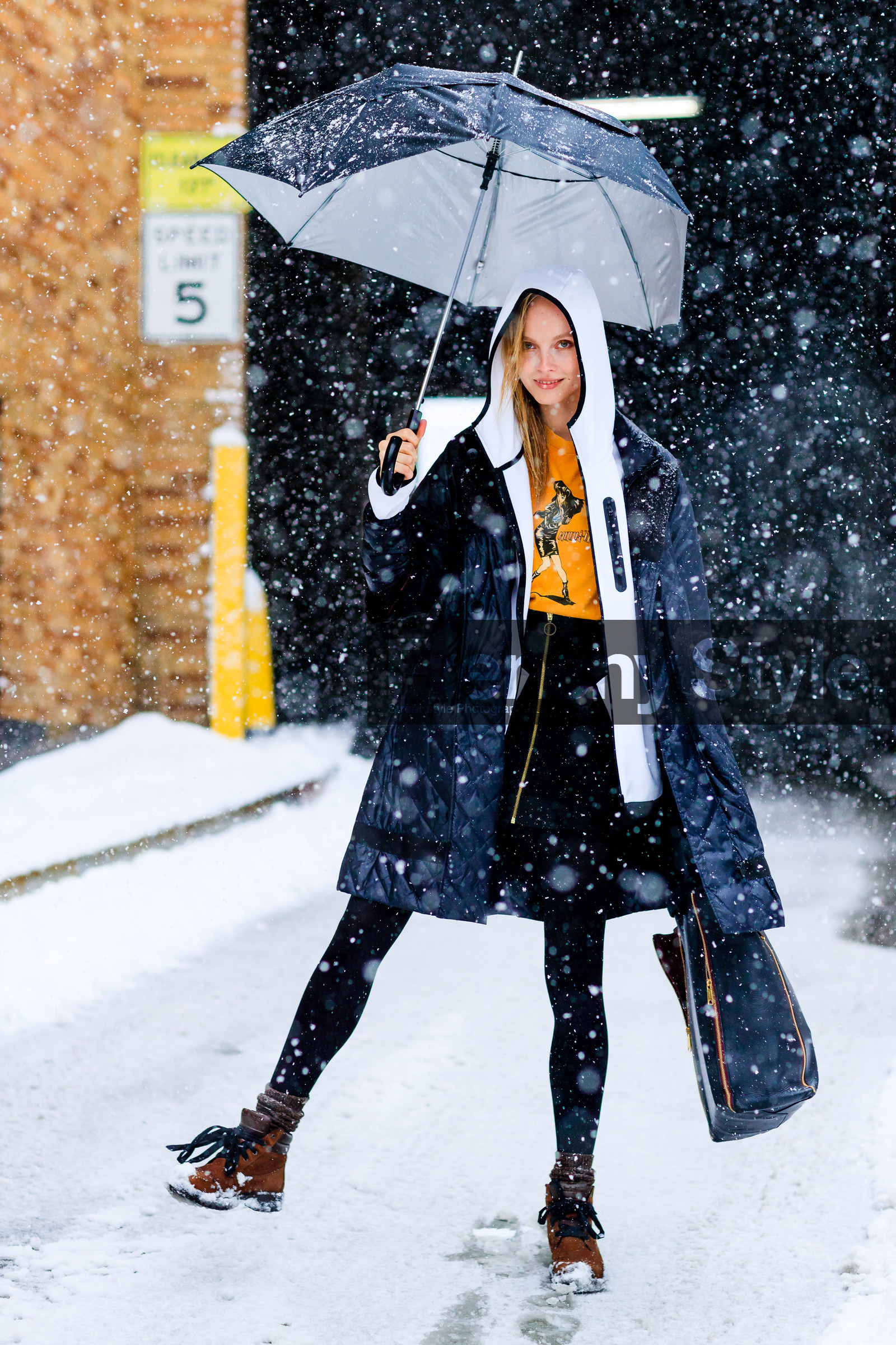 AUTUMN WINTER 2017-2018, AW 17-18, black bag, black coat, black jacket, black skirt, brown boots, FALL WINTER 2017-2018, fashion week, frenchystyle, full length, FW, FW 17-18, hoodie, jonathan paciullo, leather bag, leather boots, model, NEW YORK, NYFW, orange top, printed top, street style, umbrella, vertical, white sweater