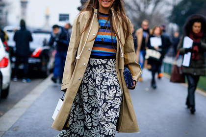 beige coat, blue bag, floral, flower, long skirt, printed skirt, sequined bag, striped t shirt, trench coat, fashion week, frenchystyle, FW, jonathan paciullo, street style, PFW, PARIS, SPRING SUMMER 2017, SS 17, HAUTE COUTURE, atmosphere details, detail, horizontal, laure heriard dubreuil