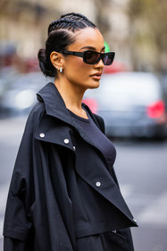 Amina Muaddi, black coat, black sunglasses, black t-shirt, braid, coat, hairstyle, rectangle sunglasses, sunglasses, street style, jonathan paciullo, FW, frenchystyle, fashion week, PFW, PARIS, SPRING SUMMER 2022, SS 22, vertical, atmosphere details