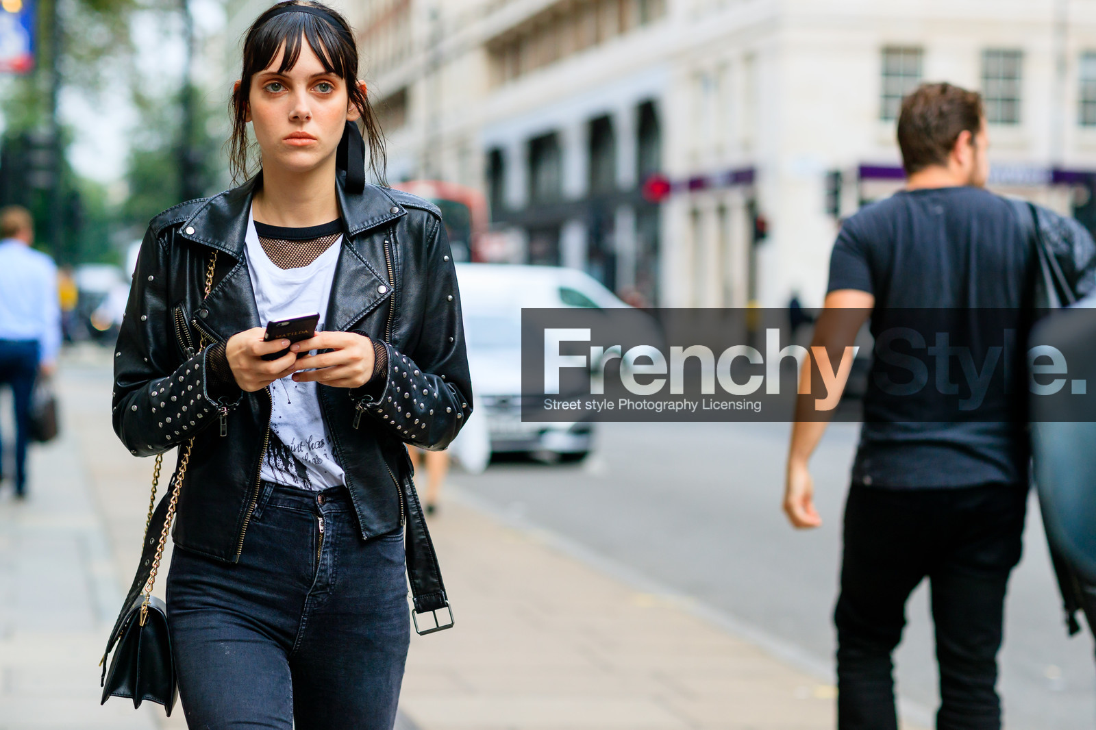atmosphere details, black bag, black denim, black jacket, black pants, black perfecto, denim pants, detail, fashion week, fishnet, frenchystyle, FW, horizontal, jeans, jonathan paciullo, leather bag, leather jacket, leather perfecto, LFW, LONDON, model, printed t shirt, SPRING SUMMER 2017, SS 17, street style, studs, trousers, wet hair, white t shirt, woman