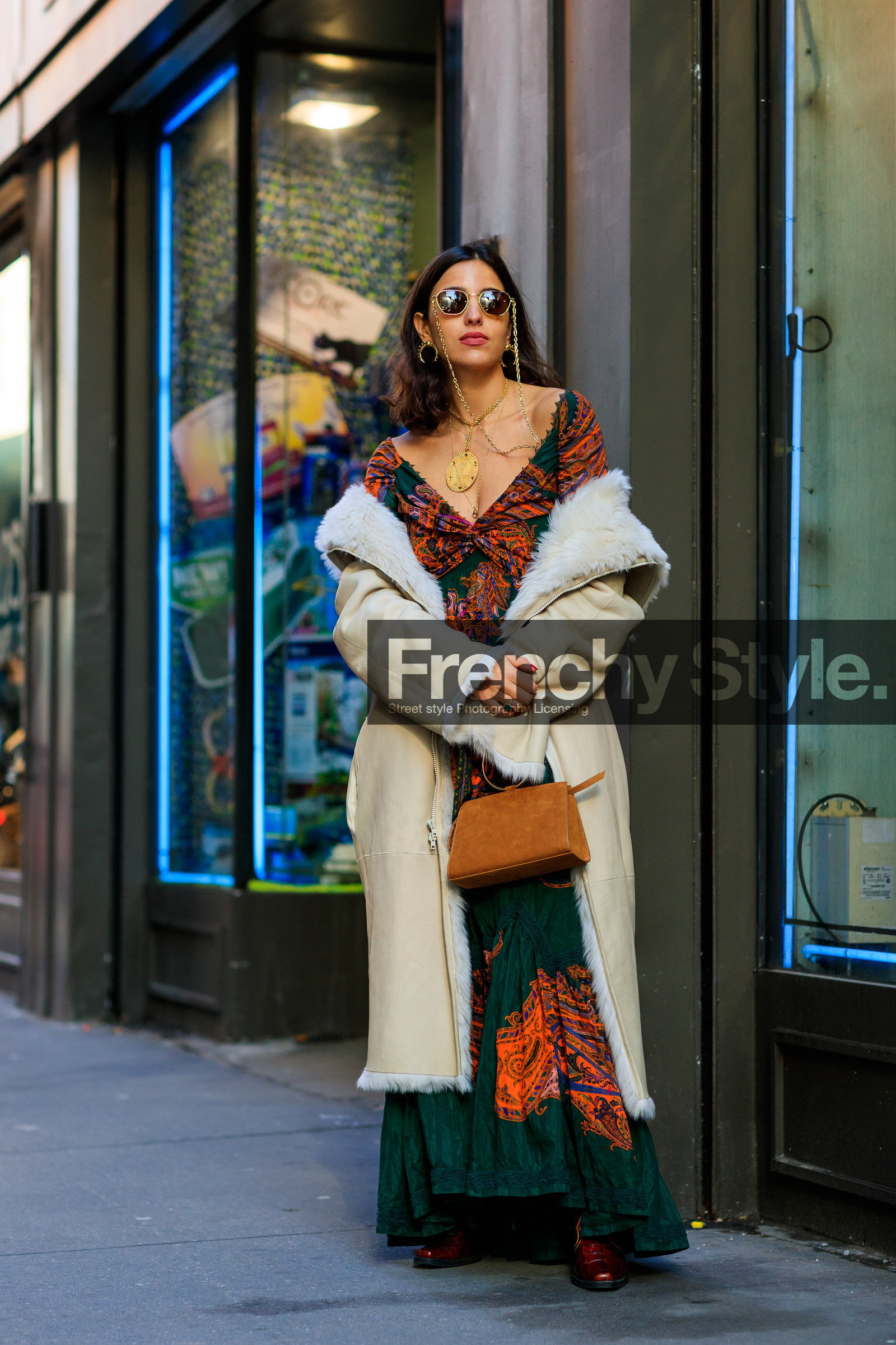 brown bag, earrings, graphic dress, green dress, leather bag, leather shoes, necklace, off the shoulder, printed dress, shearling, sunglasses, white coat, street style, jonathan paciullo, FW, frenchystyle, fashion week, NYFW, NEW YORK, AUTUMN WINTER 2018-2019, AW 18-19, FALL WINTER 2018-2019, FW 18-19, vertical, full length, bettina looney