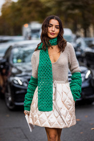 beige knitwear, beige skirt, crochet, green scarf, knitwear, miu miu look, quilted skirt, Rania Fawazz, scarf, skirt, sleeves, fashion week, frenchystyle, FW, jonathan paciullo, street style, PFW, PARIS, SPRING SUMMER 2022, SS 22, vertical, atmosphere details